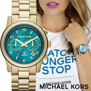  Shop Authentic Michael Kors Runway Hunger Stop100 Series Blue Dial Gold Steel Strap Watch for Women - MK5815 - Luxxuri