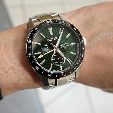  Shop Authentic Seiko Presage Sharp Edged Series GMT Green Dial Silver Steel Strap Watch For Men - SPB219J1 - Luxxuri