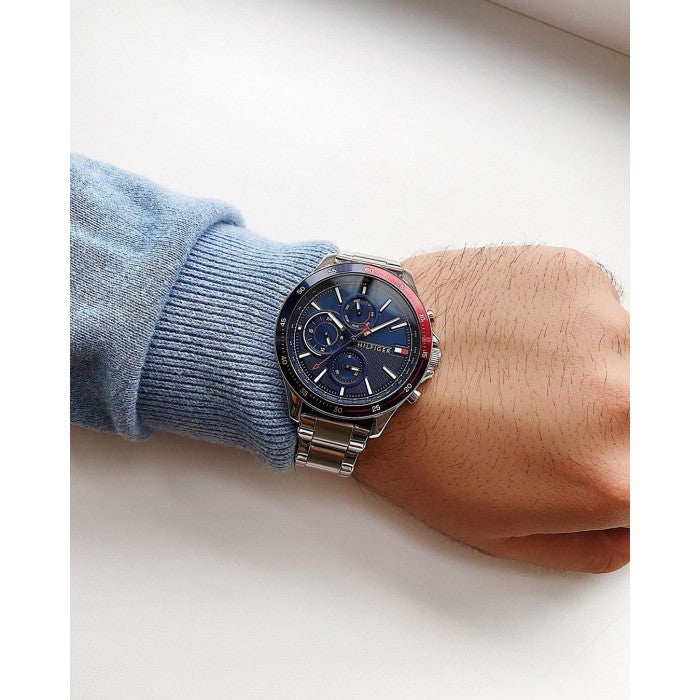  Shop Authentic Tommy Hilfiger Bank Chronograph Blue Dial Silver Steel Strap Watch for Men - 1791718 - Luxxuri
