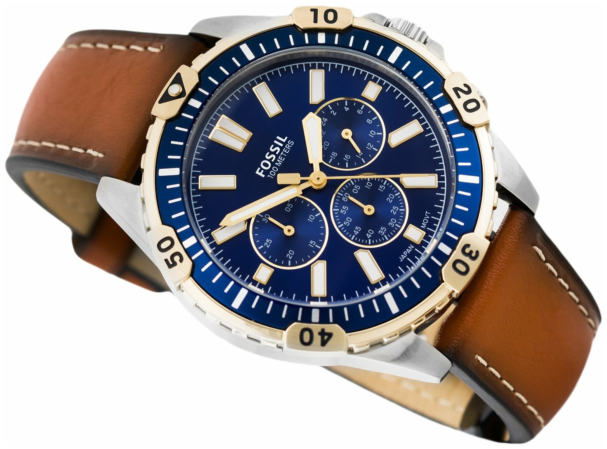  Shop Authentic Fossil Garrett Chronograph Blue Dial Brown Leather Strap Watch for Men - FS5625 - Luxxuri