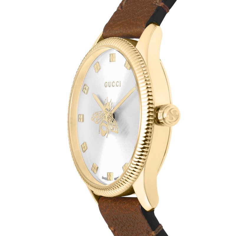 Shop Authentic Gucci G Timeless Quartz Silver Dial Brown Leather Strap Watch For Women - YA1265022 - Luxxuri