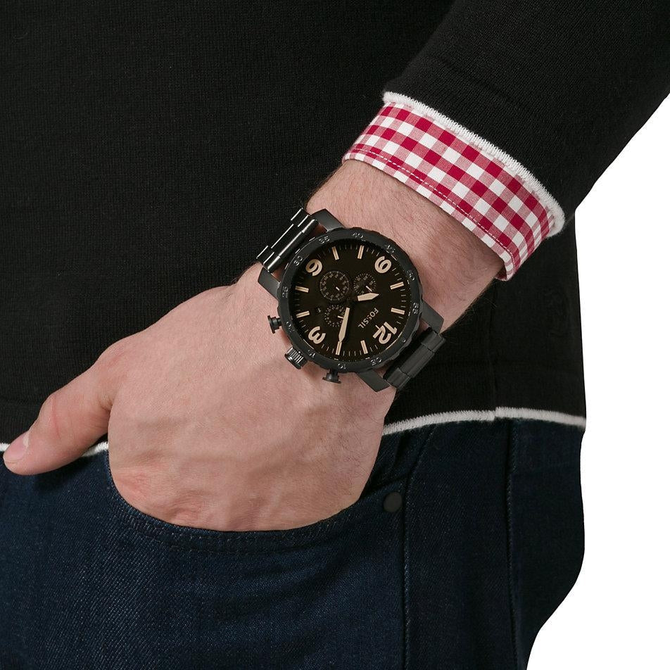  Shop Authentic Fossil Nate Chrongraph Ion Plated Black Dial Black Steel Strap Watch for Men - JR1356 - Luxxuri