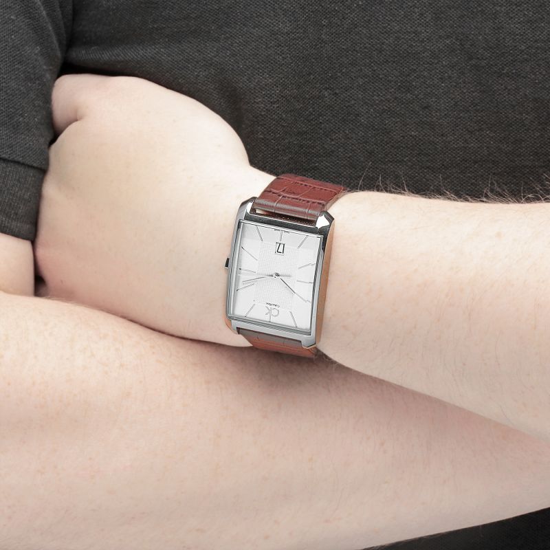  Shop Authentic Calvin Klein Window Silver Dial Brown Leather Strap Watch for Men - K2M21126 - Luxxuri