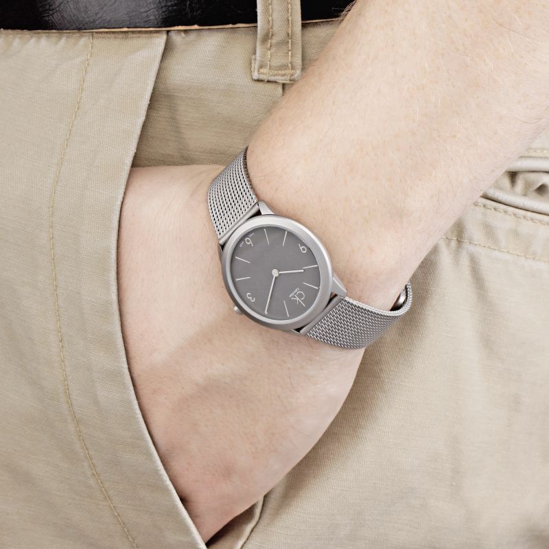  Shop Authentic Calvin Klein Minimal Grey Dial Silver Mesh Bracelet Watch for Men - K3M52154 - Luxxuri