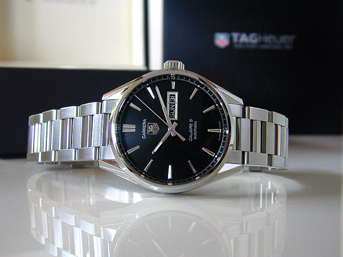  Shop Authentic Tag Heuer Carrera Calibre 5 Automatic Black Dial Silver Steel Strap Watch for Men - WAR201A.BA0723 - Luxxuri