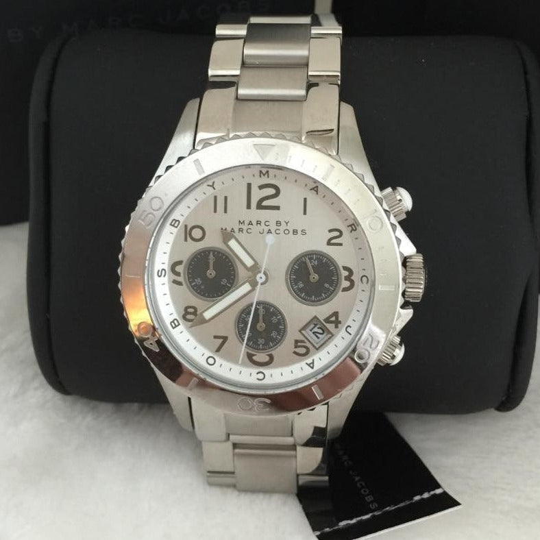  Shop Authentic Marc Jacobs Marc Chronograph Silver Dial Silver Steel Strap Watch for Men - MBM3155 - Luxxuri