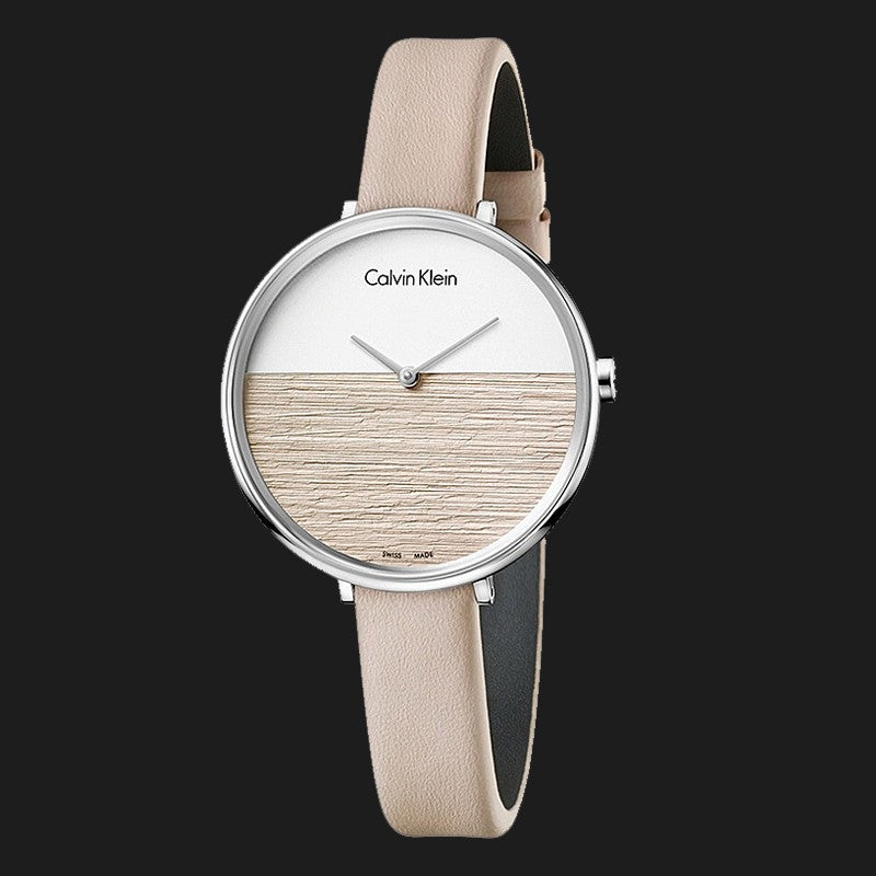  Shop Authentic Calvin Klein Rise White Beige Dial Beige Leather Strap Watch for Women - K7A231XH - Luxxuri
