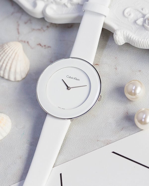  Shop Authentic Calvin Klein Chic White Dial White Leather Strap Watch for Women - K7N23TK2 - Luxxuri