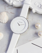  Shop Authentic Calvin Klein Chic White Dial White Leather Strap Watch for Women - K7N23TK2 - Luxxuri