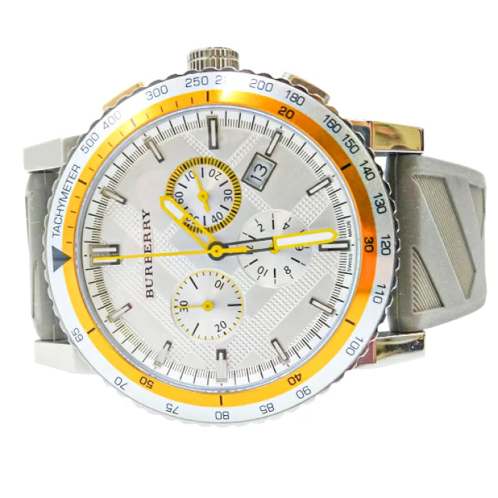  Shop Authentic Burberry Belt Chronograph Silver Dial Brown Rubber Strap Watch For Men - BU9811 - Luxxuri