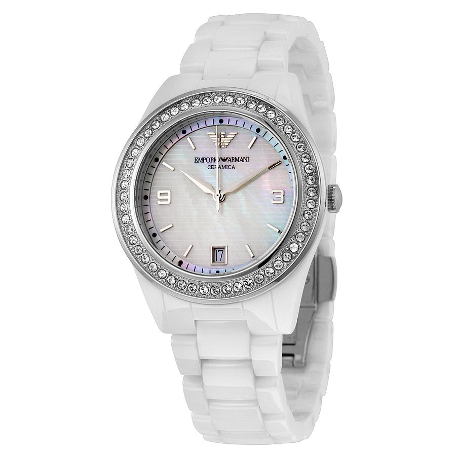  Shop Authentic Emporio Armani Ceramica White Mother of Pearl Dial Stainless Steel Strap Watch For Women - AR1426 - Luxxuri