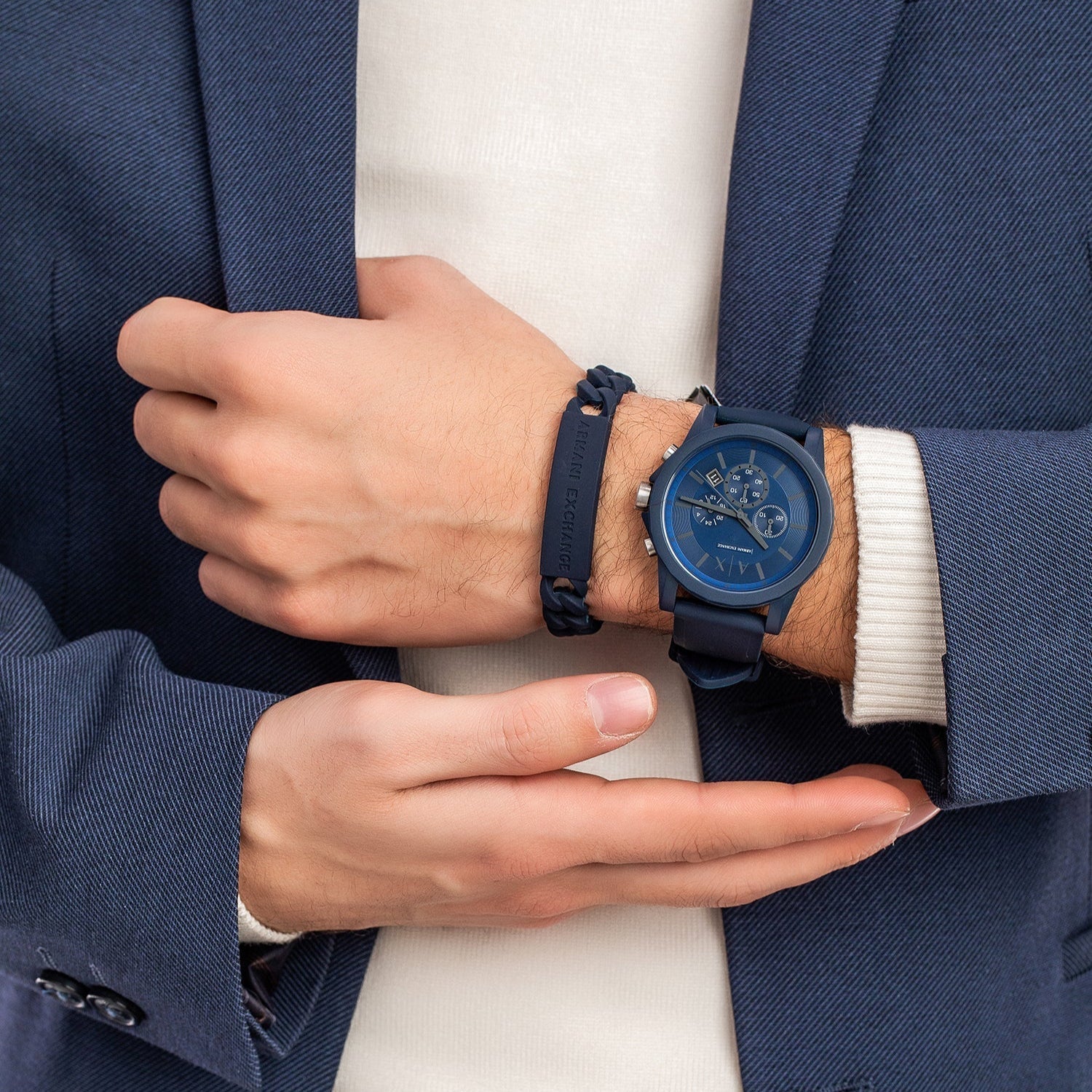 Shop Authentic Armani Exchange Outerbanks Chronograph Blue Dial Blue Silicone Strap Watch For Men - AX7128 - Luxxuri
