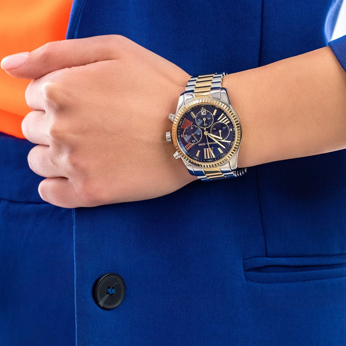  Shop Authentic Michael Kors Lexington Chronograph Blue Dial Two Tone Steel Strap Watch For Women - MK7218 - Luxxuri