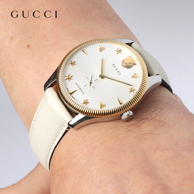  Shop Authentic Gucci G Timeless Automatic Silver Dial Beige Leather Strap Watch For Men - YA126348 - Luxxuri