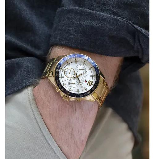  Shop Authentic Tommy Hilfiger Luke Chronograph White Dial Gold Steel Strap Watch for Men - 1791121 - Luxxuri