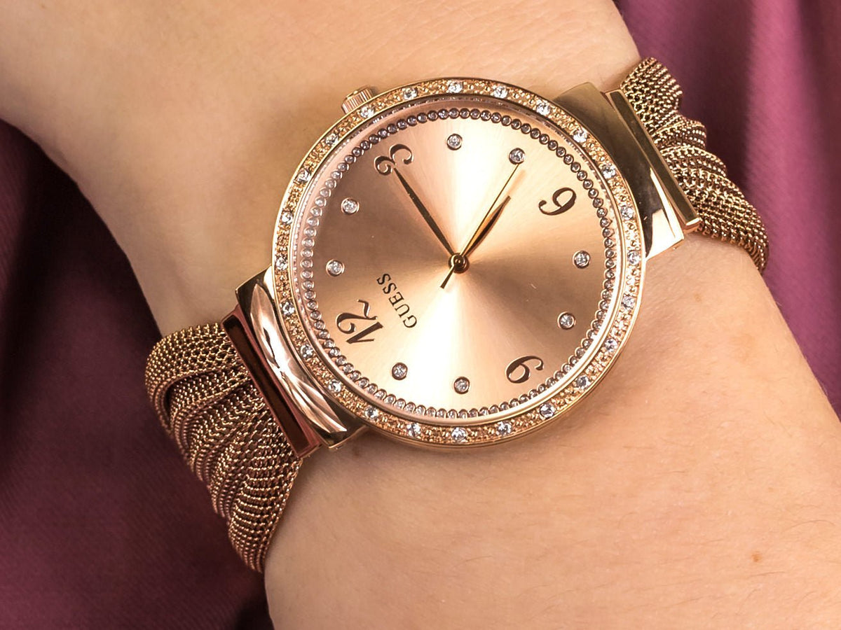  Shop Authentic Guess Chiffon Rose Gold Dial Mesh Bracelet Watch For Women - W1083L3 - Luxxuri