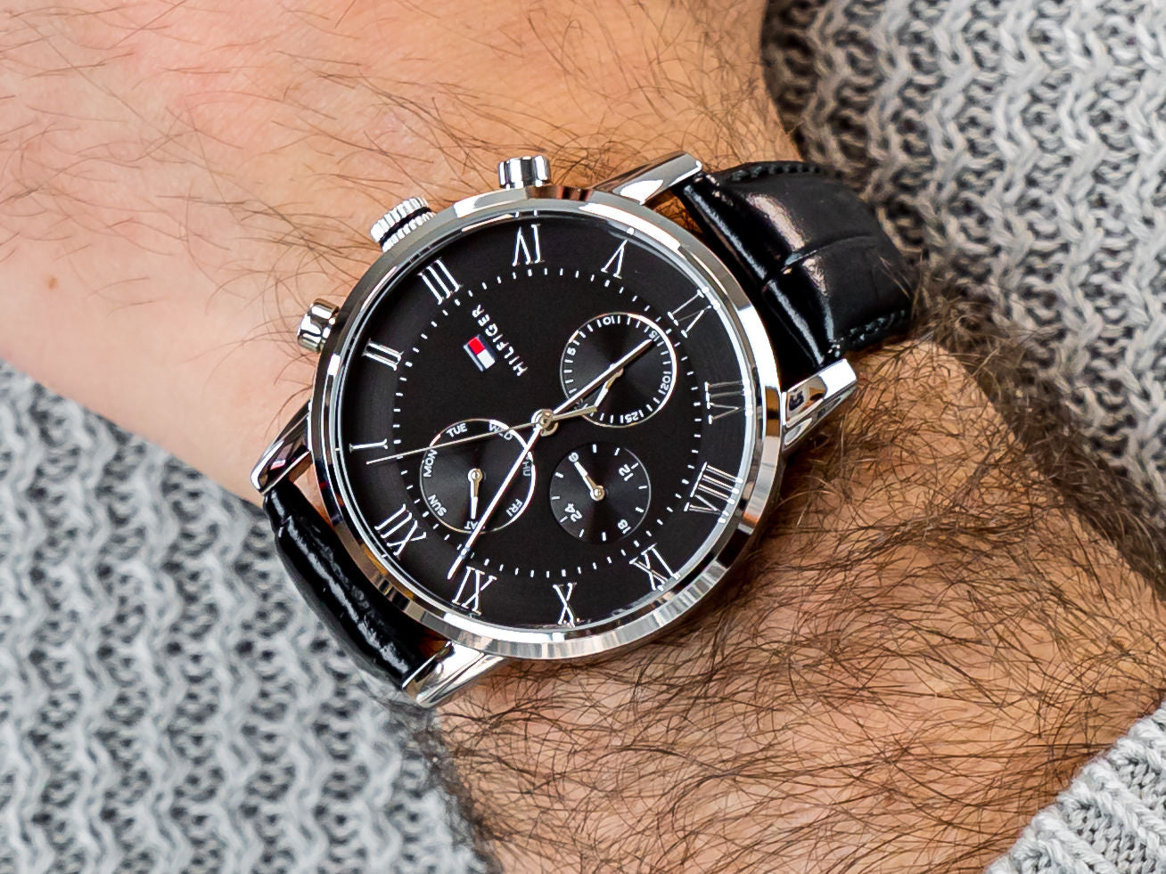  Shop Authentic Tommy Hilfiger Kane Quartz Black Dial Black Leather Strap Watch for Men - 1791401 - Luxxuri