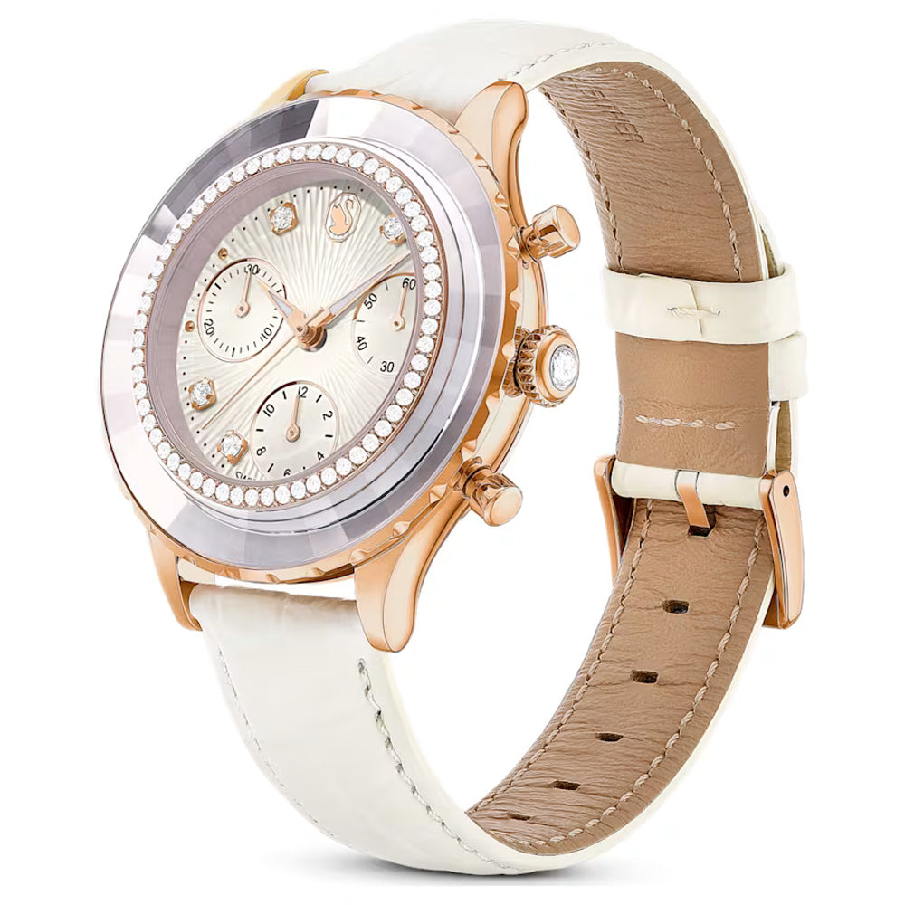  Shop Authentic Swarovski Octea Chrono Crystals White Dial White Leather Strap Watch for Women - 5671150 - Luxxuri