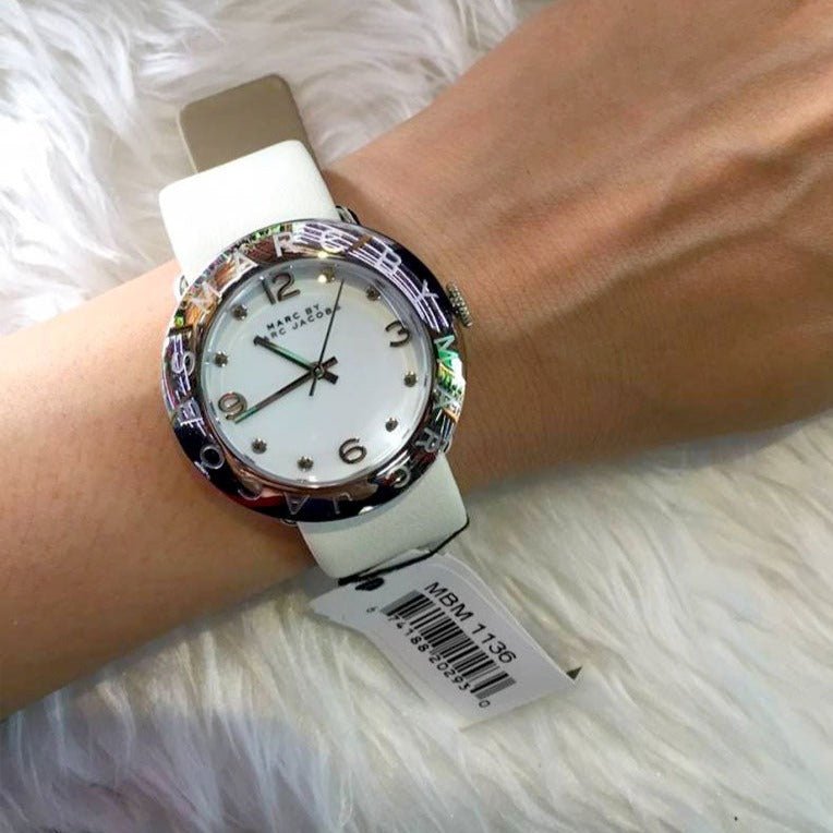  Shop Authentic Marc Jacobs Amy White Dial White Leather Strap Watch for Women - MBM1136 - Luxxuri