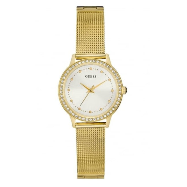  Shop Authentic Guess Chelsea Crystals Mother of Pearl White Dial Gold Mesh Bracelet Watch For Women - W0647L7 - Luxxuri