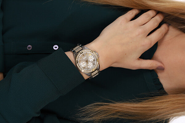  Shop Authentic Guess Frontier Chronograph Crystals Gold Dial Two Tone Steel Strap Watch For Women - W1156L5 - Luxxuri