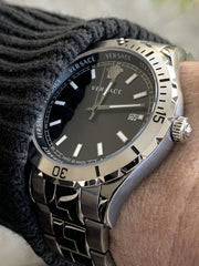  Shop Authentic Versace Hellenyium Quartz Black Dial Grey Steel Strap Watch For Men - VE3A00620 - Luxxuri