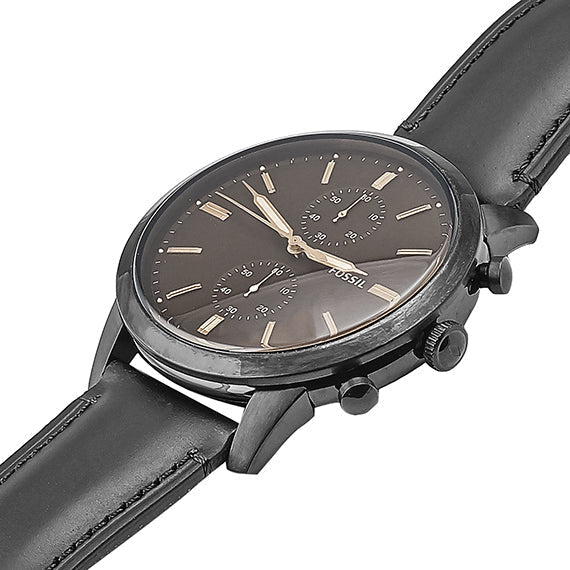  Shop Authentic Fossil Goodwin Chronograph Black Dial Black Leather Strap Watch for Men - FS5585 - Luxxuri