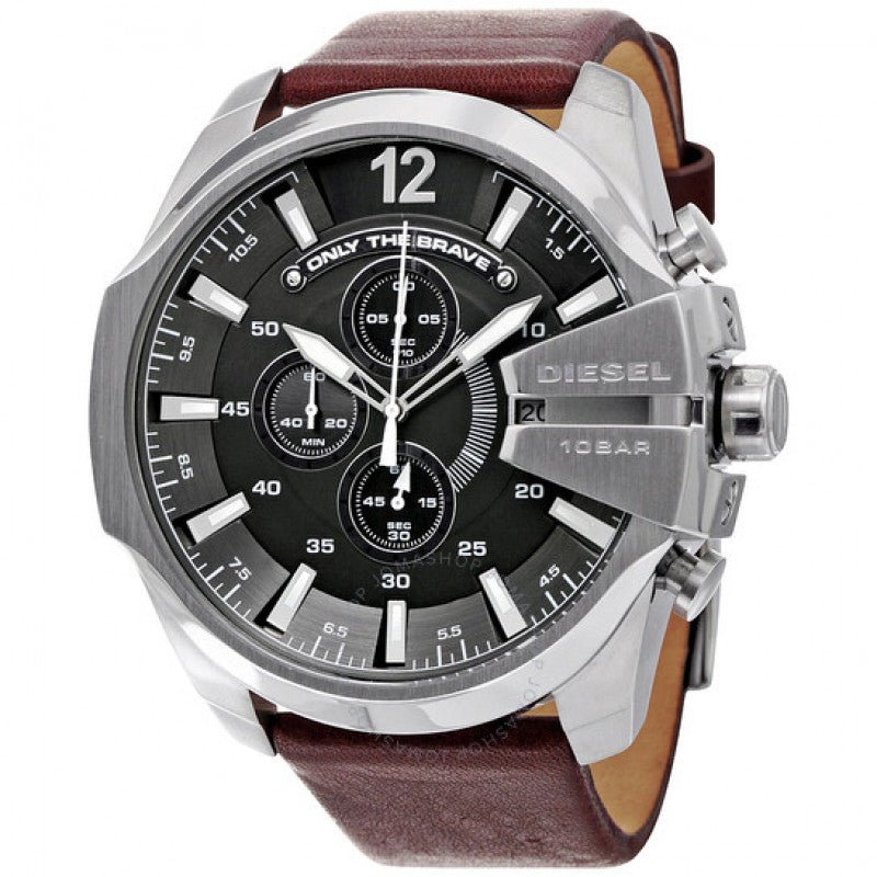  Shop Authentic Diesel Mega Chief Black & Silver Round Dial Brown Leather Strap Watch For Men - DZ4290 - Luxxuri