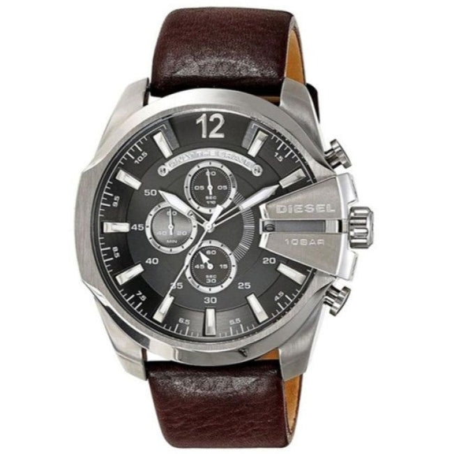  Shop Authentic Diesel Mega Chief Black & Silver Round Dial Brown Leather Strap Watch For Men - DZ4290 - Luxxuri