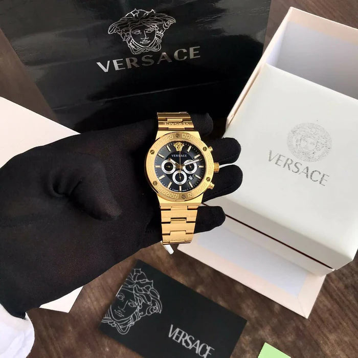  Shop Authentic Versace Greca Chronograph Black Dial Gold Steel Strap Watch For Men - VEZ900421 - Luxxuri