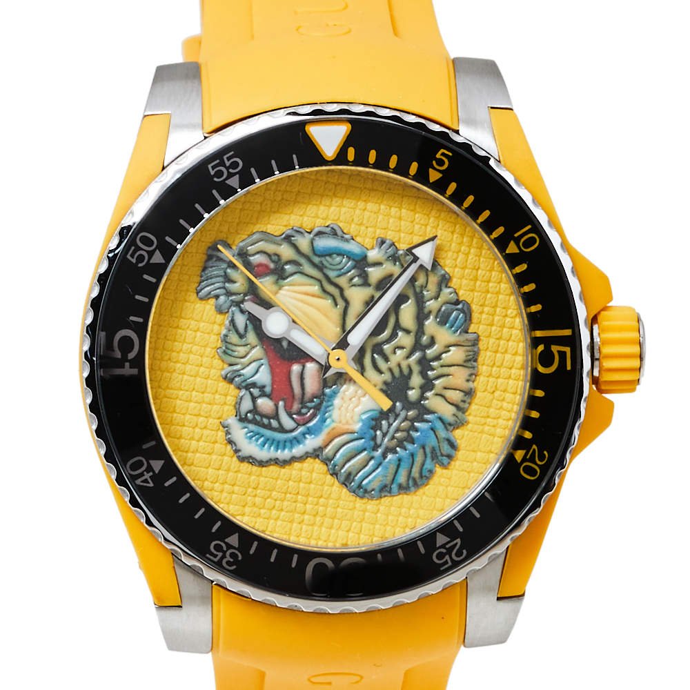  Shop Authentic Gucci Dive Tiger Yellow Dial Yellow Rubber Strap Watch For Men - YA136317 - Luxxuri