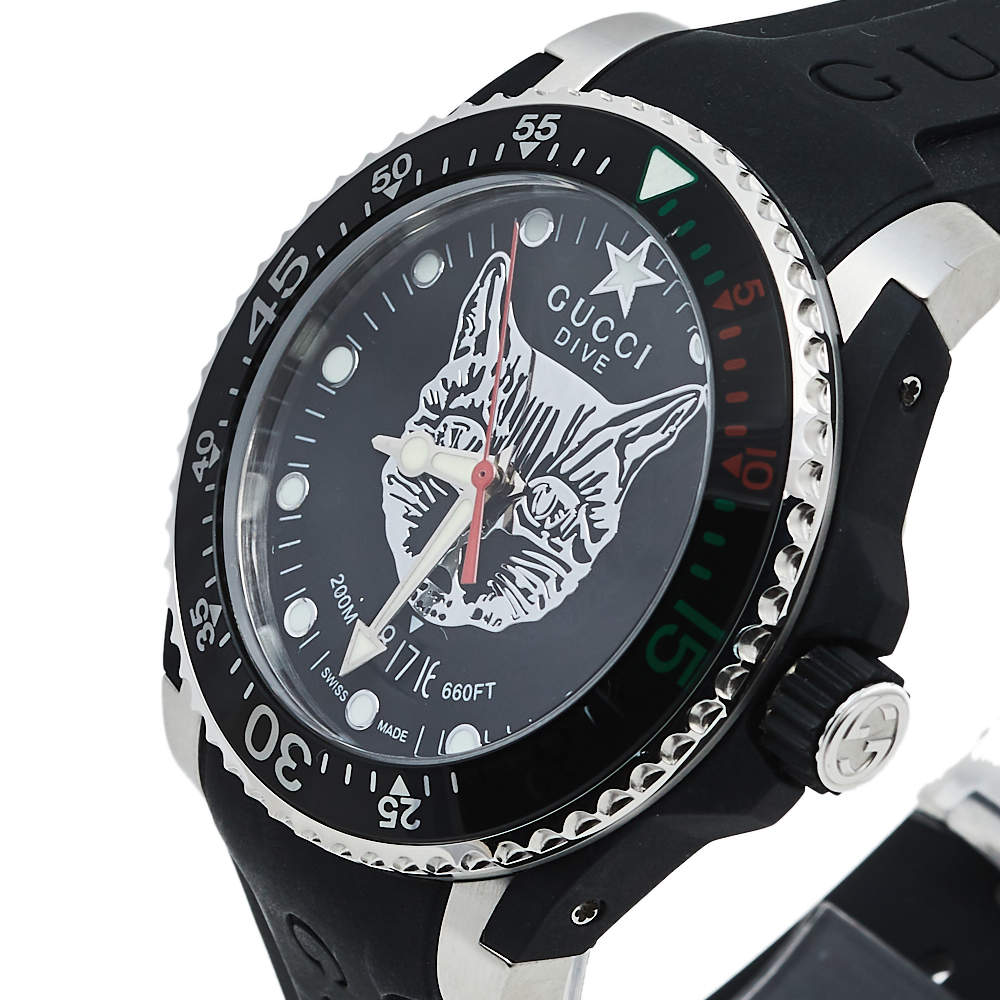  Shop Authentic Gucci Dive Feline Black Dial Black Rubber Strap Watch For Men - YA136323 - Luxxuri