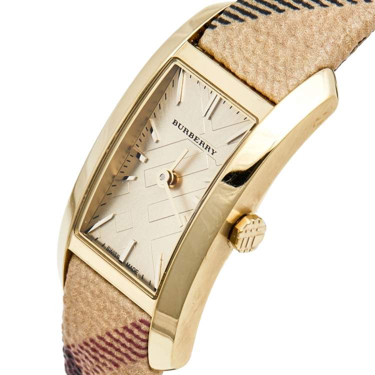  Shop Authentic Burberry Pioneer Gold Dial Haymarket Beige Leather Strap Watch for Women - BU9509 - Luxxuri