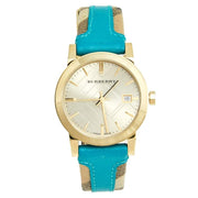  Shop Authentic Burberry The City Gold Dial Blue Leather Strap Watch for Women - BU9018 - Luxxuri