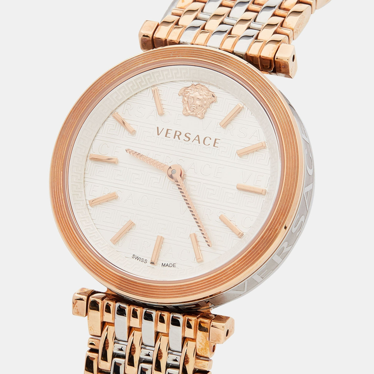  Shop Authentic Versace V-Twist White Dial Two Tone Mesh Bracelet Watch for Women - VELS00719 - Luxxuri