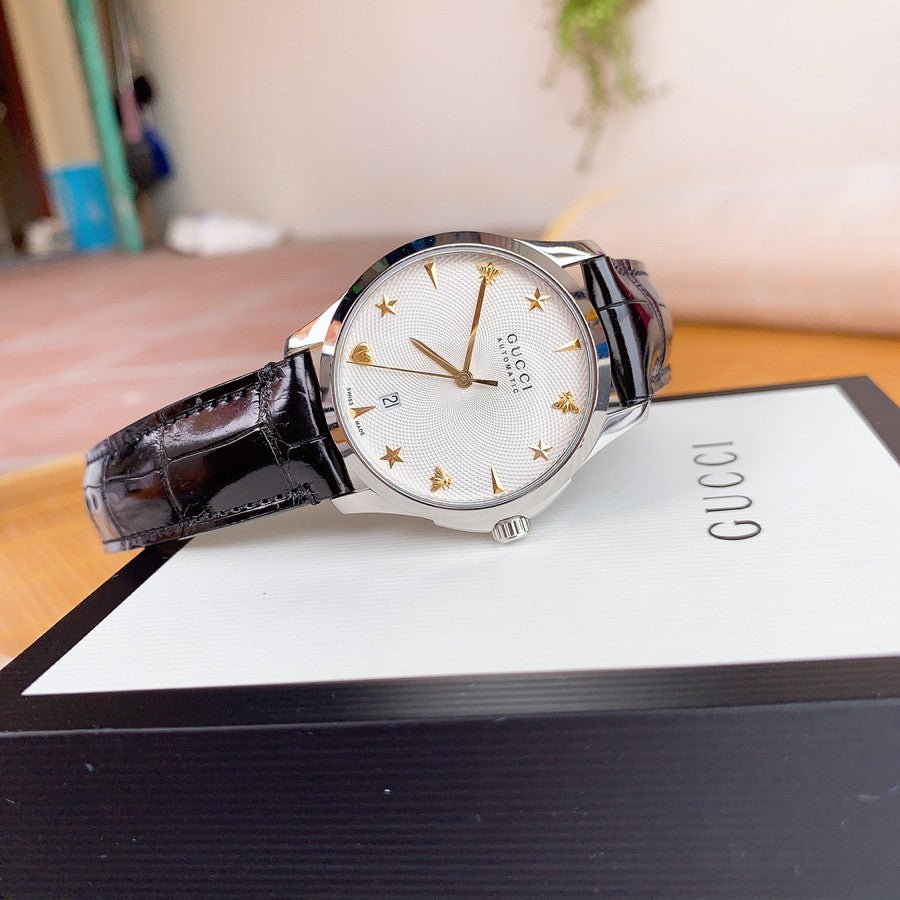  Shop Authentic Gucci G Timeless Automatic Silver Dial Black Leather Strap Unisex Watch - YA126468 - Luxxuri