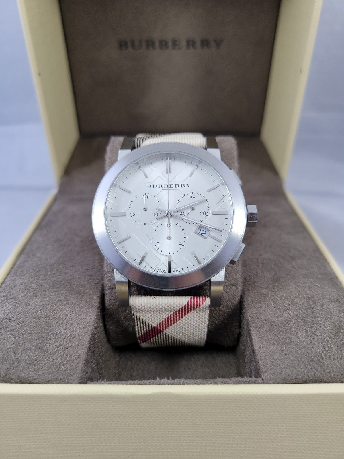  Shop Authentic Burberry The City Smoke Dial Checked Brown Leather Strap Watch for Men - BU9358 - Luxxuri