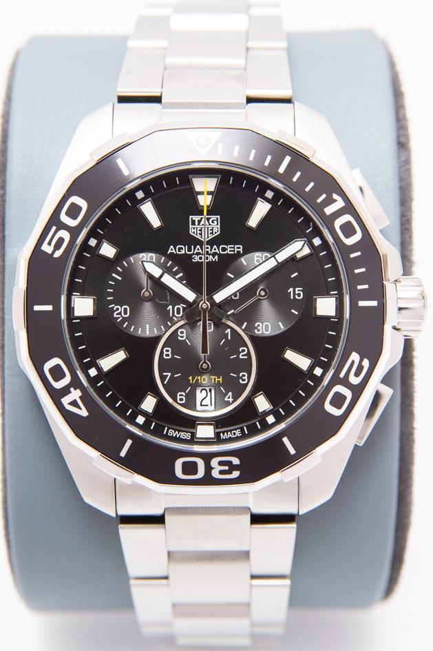  Shop Authentic Tag Heuer Aquaracer Quartz Chronograph Black Dial Silver Steel Strap Watch for Men - CAY111A.BA0927 - Luxxuri