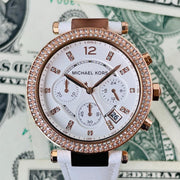  Shop Authentic Michael Kors Parker White Diamonds Dial White Leather Strap Watch for Women - MK2281 - Luxxuri