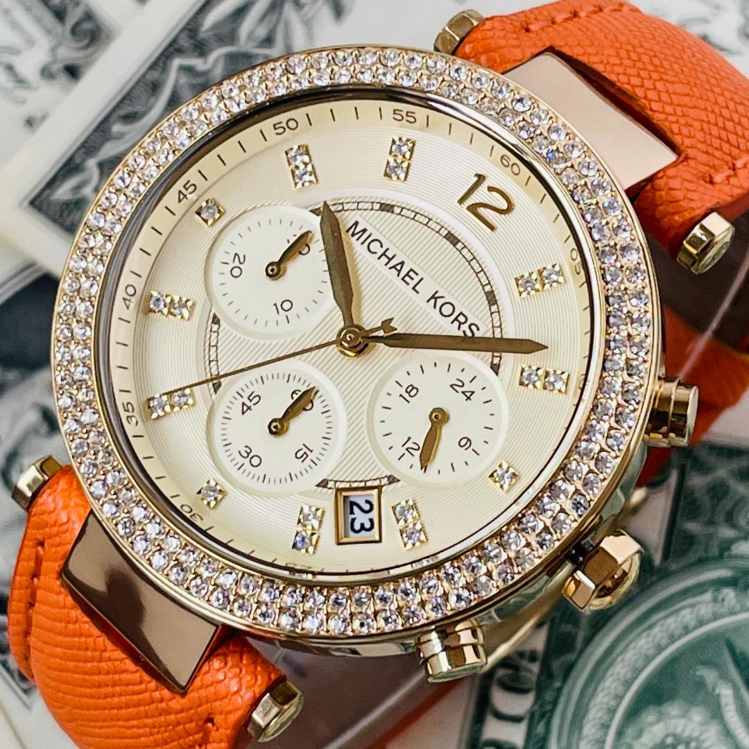  Shop Authentic Michael Kors Parker Champagne Dial Orange Leather Strap Watch for Women - MK2279 - Luxxuri
