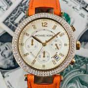  Shop Authentic Michael Kors Parker Champagne Dial Orange Leather Strap Watch for Women - MK2279 - Luxxuri