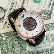  Shop Authentic Emporio Armani Meccanico White Skeleton Dial Black Leather Strap Watch For Men - AR1924 - Luxxuri