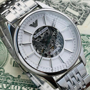  Shop Authentic Emporio Armani Meccanico Skeleton Silver Dial Silver Steel Strap Watch For Men - AR1945 - Luxxuri