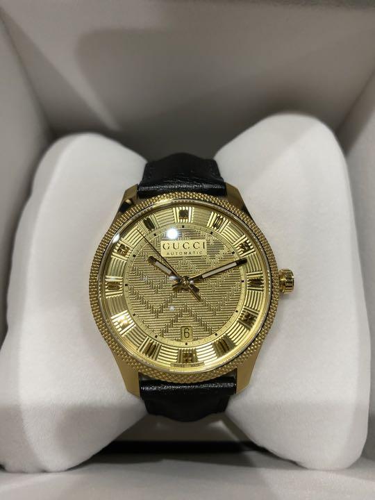  Shop Authentic Gucci Eryx Automatic Chevron Gold Dial Black Leather Strap Watch For Men - YA126340 - Luxxuri