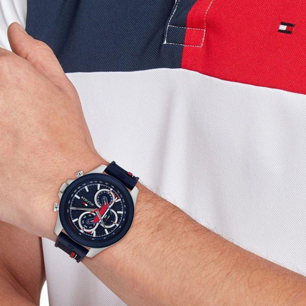  Shop Authentic Tommy Hilfiger Clark Chronograph Blue Dial Black Leather Strap Watch For Men - 1792083 - Luxxuri
