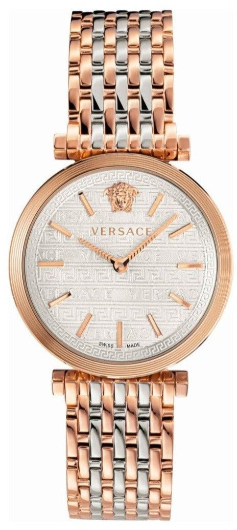  Shop Authentic Versace V-Twist White Dial Two Tone Mesh Bracelet Watch for Women - VELS00719 - Luxxuri