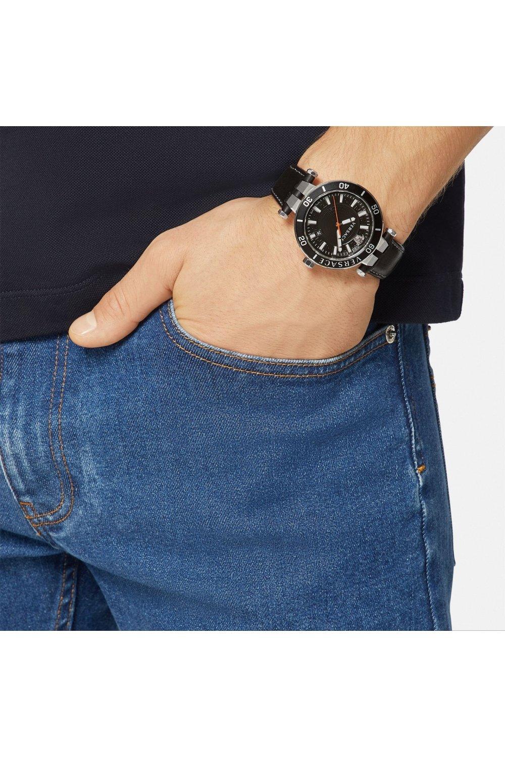  Shop Authentic Versace Greca Sport Quartz Black Dial Black Leather Strap Watch For Men - VEZ300221 - Luxxuri
