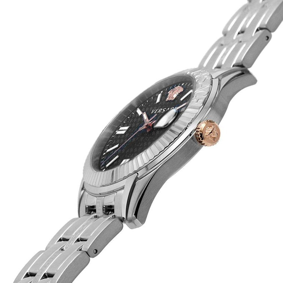  Shop Authentic Versace Greca Time Quartz Black Dial Silver Steel Strap Watch For Men - VE3K00322 - Luxxuri