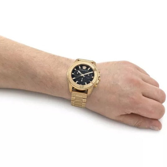  Shop Authentic Versace Greca Action Chronograph Black Dial Gold Steel Strap Watch For Men - VE3J00622 - Luxxuri