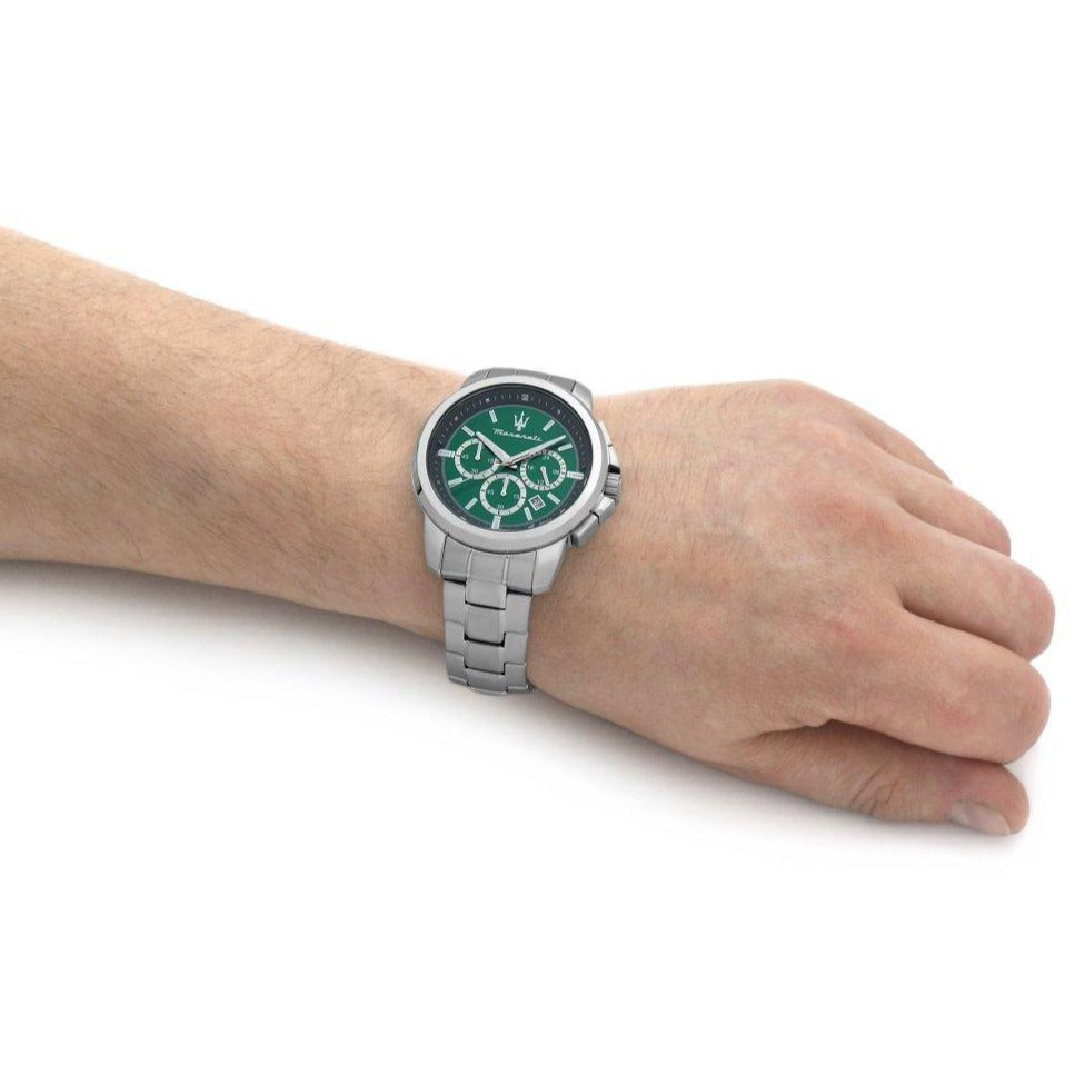  Shop Authentic Maserati Successo Chronograph Green Dial Silver Steel Strap Watch For Men - R8873621017 - Luxxuri